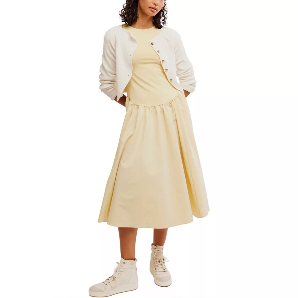 NWOT Free People Afternoon Elegance Drop Waist Midi Dress Soft Yellow